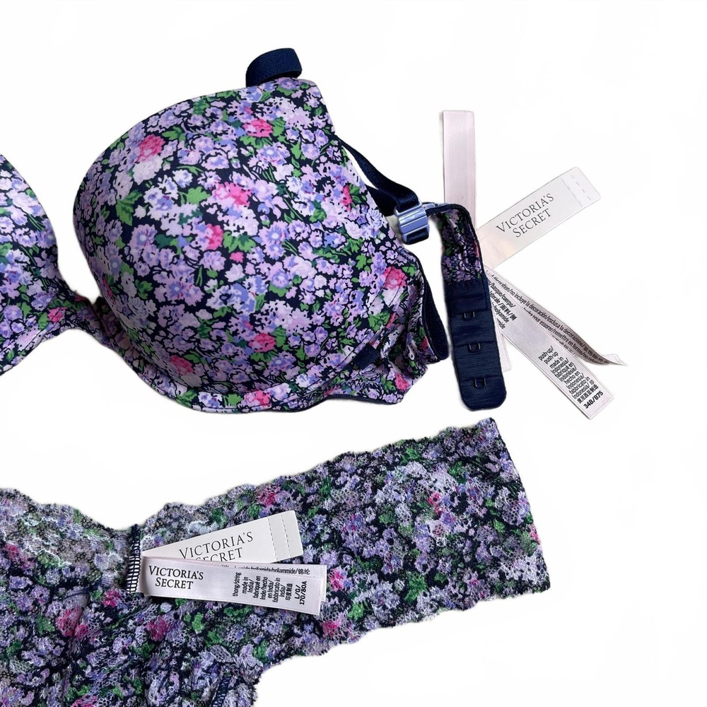 Victoria's Secret Ensign Navy Ditsy Floral Bra and Thong Set Lingerie Romantic - Picture 6 of 9